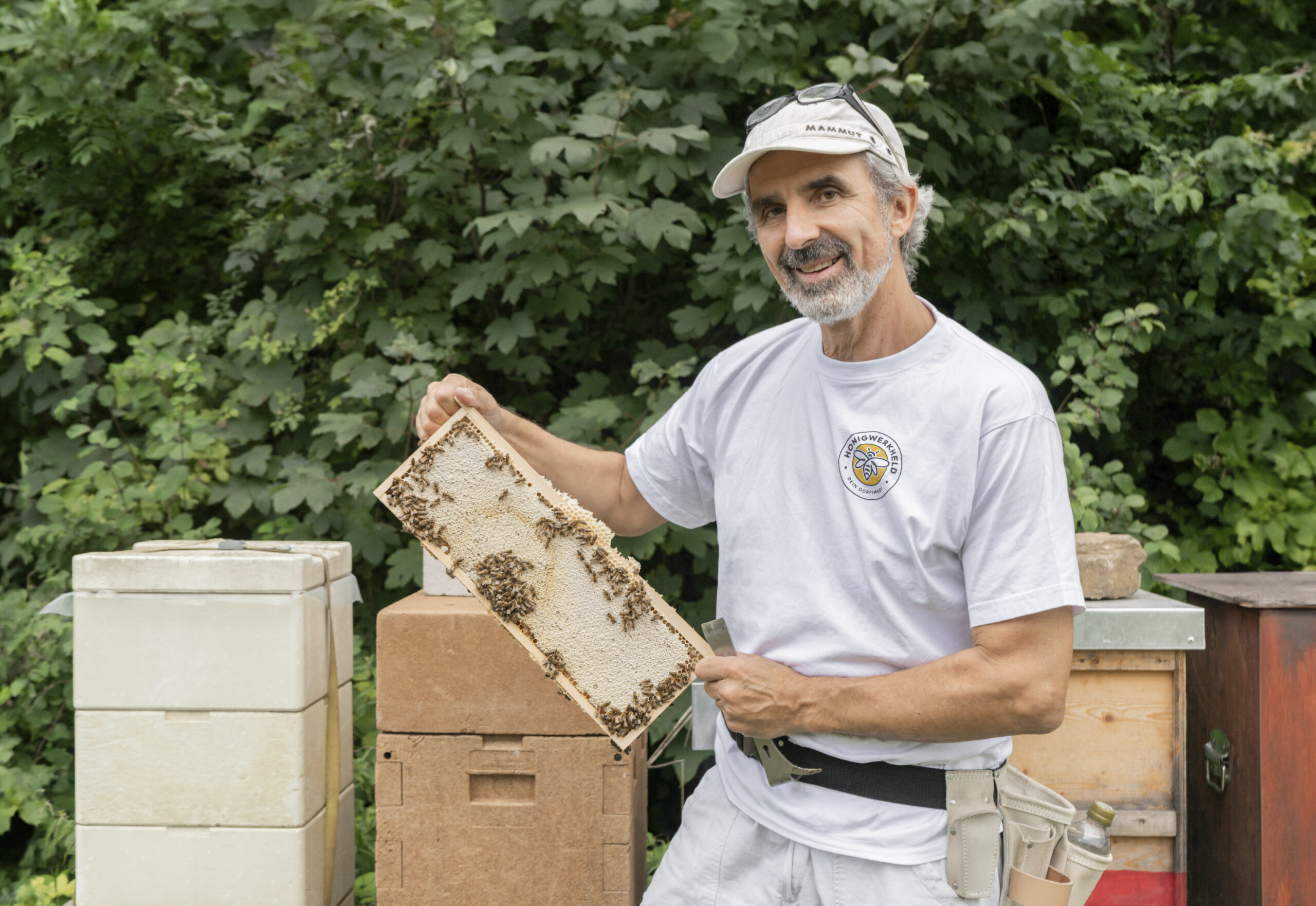 R. Held hält eine Wabe mit Bienen in den Händen.
